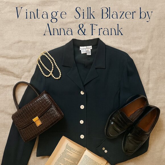 Vintage Anna & Frank 100% Silk Navy Blazer • Size 12 • Fully Lined Shell Buttons - Picture 1 of 12